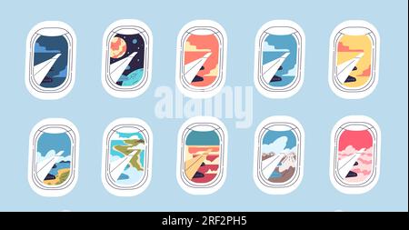 Airplane window views. View from aircraft porthole, bali landscape sunset beach mountain or planet creative scene in plane windows for travelers holiday, vector illustration of porthole window view Stock Vector