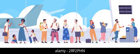 Airport queue. People tourists with luggage wait in line terminal airport or departure area, plane passenger on ticket checking gate flight registration, classy vector illustration of airport tourist Stock Vector