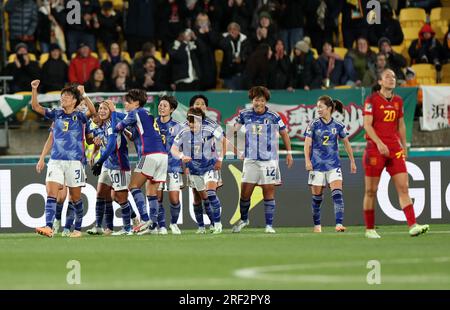 Wellington, New Zealand. 31st July, 2023. Players of Japan celebrate their goal during the Group C match between Japan and Spain at the FIFA Women's World Cup 2023 in Wellington, New Zealand, July 31, 2023. Credit: Qin Lang/Xinhua/Alamy Live News Stock Photo