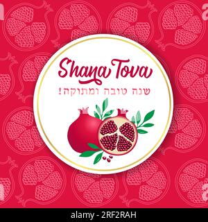 Shana Tova, Happy and sweet new year in Hebrew with pomegranates on ellipse lable. Rosh Hashanah, jewish holiday. Template for social media banner Stock Vector