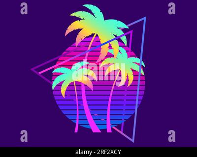 Retro waves banner with sun and palm trees in triangular frame. Futuristic retro sunset with palm trees in 80s style, gradient color. Synthwave style. Stock Vector