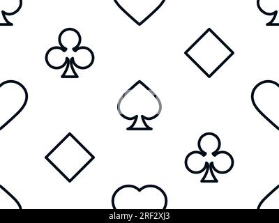 Seamless pattern with card suits: diamonds, hearts, clubs, spades. Black contours of card suits on a white background. Simple design for printing, adv Stock Vector