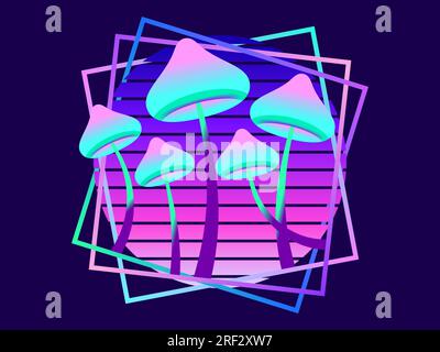Retro sci-fi bioluminescent mushrooms from the 80s at sunset in a square frame. Futuristic fluorescent glowing mushrooms on a long stalk. Bioluminesce Stock Vector