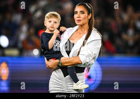 Pilar RUBIO wife of Sergio RAMOS with her son Maximo during the Ligue 1 match between Paris Saint-Germain (PSG) and Clermont Foot 63 at Parc des Princes Stadium on June 03, 2023 in Paris, France. Stock Photo