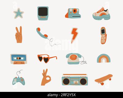 Set of retro elements from the 80s and 90s. Audio cassette, tape recorder, mobile phone, skateboard, joystick, handset phone. Vector flat trend Stock Vector