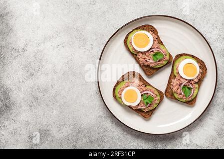 Tuna toast. Open Sandwiches with tuna, rye bread, boiled egg, avocado., light stone background. Top view, flat lay, copy space. Mediterranean food Stock Photo