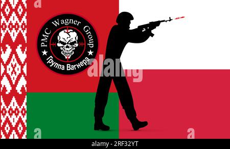 2023 militant PMC Wagner against the background of the flags of Belarus and Poland. Stock Photo