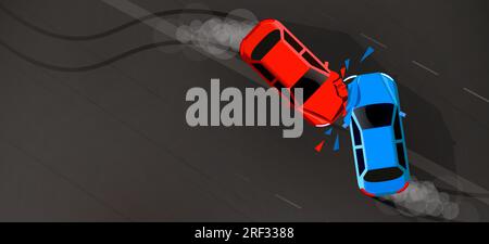 Road accident. Two cars crashed. Road safety concept. Vector illustration Stock Vector