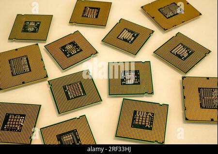Collection of different CPUs and computer processors on a white background Stock Photo