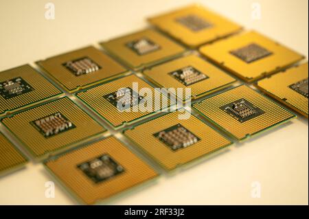 Collection of different CPUs and computer processors on a white background Stock Photo