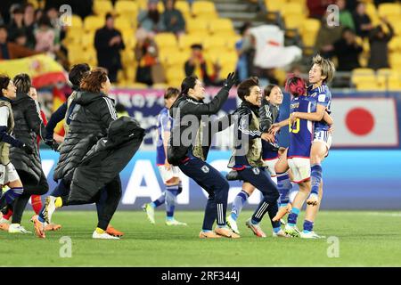 Wellington, New Zealand. 31st July, 2023. Players of Japan celebrate winning the Group C match between Japan and Spain at the FIFA Women's World Cup 2023 in Wellington, New Zealand, July 31, 2023. Credit: Qin Lang/Xinhua/Alamy Live News Stock Photo