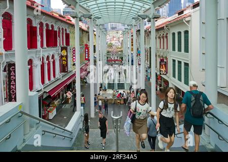 The modern, glass-roofed entrance to Chinatown MRT station in Pagoda Street, Chinatown, Singapore, framed by traditional old shop houses on both sides Stock Photo