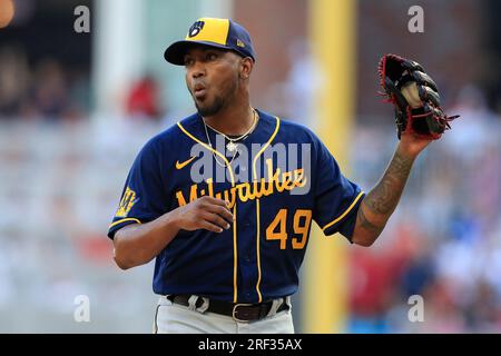 ATLANTA, GA - JULY 29: Milwaukee Brewers designated hitter and former Brave William  Contreras (24) circles the bases after hitting a home run in the 8th inning  during the Saturday evening MLB