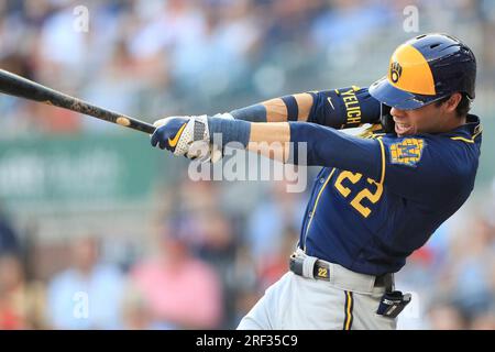 ATLANTA, GA - JULY 29: Milwaukee Brewers designated hitter and former Brave William  Contreras (24) circles the bases after hitting a home run in the 8th inning  during the Saturday evening MLB