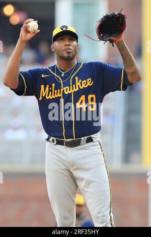 ATLANTA, GA - JULY 29: Milwaukee Brewers designated hitter and former Brave William  Contreras (24) circles the bases after hitting a home run in the 8th inning  during the Saturday evening MLB