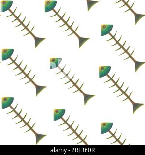 Watercolor illustration of a fish skeleton, a cat toy. Seamless pattern made by hand isolated on white background Stock Photo