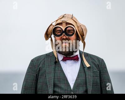 Portobello beach, Edinburgh, Scotland, UK, 31 July 2023. Edinburgh Festival Fringe: Performer Olivier Martin-Salvan from Moliere award-winning show Ice Hole: A Cardboard Comedy visit Portobello beach. Credit: Sally Anderson/Alamy Live News Stock Photo