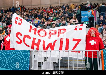 Dunedin, New Zealand. 30th July, 2023. Switzerland fans during the FIFA Womens World Cup 2023 football match between Switzerland and New Zealand at Dunedin Stadium in Dunedin, New Zealand. &#xA;(CH OUT) (Foto: Daniela Porcelli/Sports Press Photo/C -   - Alamy) Credit: SPP Sport Press Photo. /Alamy Live News Stock Photo