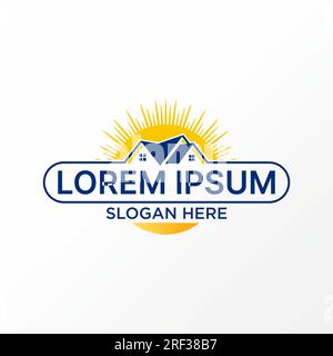 Logo design graphic concept creative abstract premium vector stock sign roof house badge emblem with sunrise behind. Related to property home mortgage Stock Vector