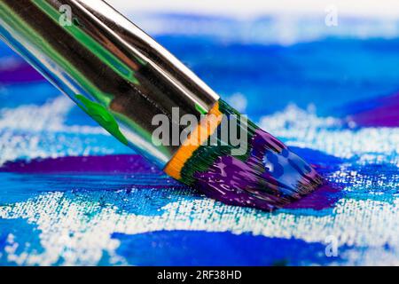 paints and other things necessary for drawing, close up of paints of different colors used in creative work Stock Photo