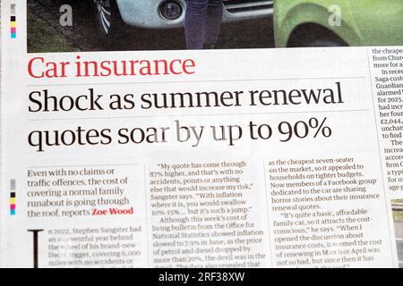 'Car Insurance' Shock as summer renewal quotes soar by up to 90%' Guardian newspaper headline British economy financial article 23 July 2023 London UK Stock Photo