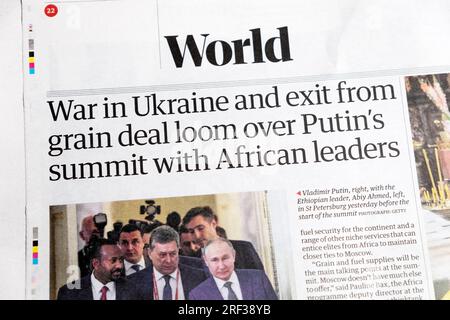 'War in Ukraine and exit from grain deal loom over Putin's summit with African leaders' Guardian newspaper article July 2023 London UK Great Britain Stock Photo