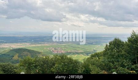 aerial view around the Haut-Koenigsbourg Castle, a historic castle located in a area named 'Alsace' in France Stock Photo