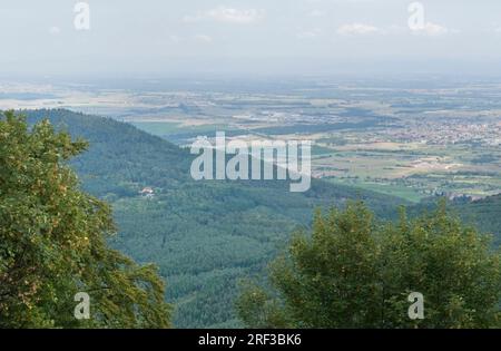 aerial view around the Haut-Koenigsbourg Castle, a historic castle located in a area named 'Alsace' in France Stock Photo