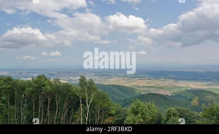 summertime aerial view around the Haut-Koenigsbourg Castle, a historic castle located in a area named 'Alsace' in France Stock Photo