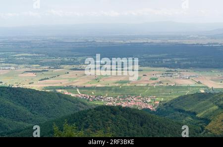 aerial view around the Haut-Koenigsbourg Castle, a historic castle located in a area named 'Alsace' in France Stock Photo