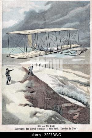 Experience de vol d'un nouvel aeroplane à Kitty-Hawk en Caroline du Nord par les freres Orville Wright (1871-1948) et Wilbur Wright (1867-1912), pilotes et constructeurs aeronautiques americains. Gravure in 'Le Petit Parisien', le 24011904. Stock Photo