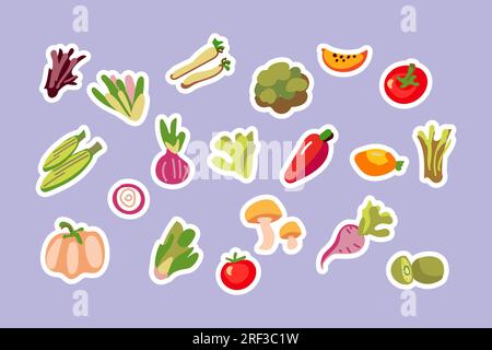 Colorful vegetables retro characters sticker set. Modern label with cute characters. Hand drawn doodles. Set in modern cartoon style. 60s, 70s vintage vibes... Stock Vector