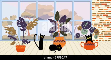 Funny black cats in the room play and hide in indoor plants. Retro style 60s, 70s. Pet friendly. Bright interior with large windows and wooden floors. Vector illustration. Stock Vector