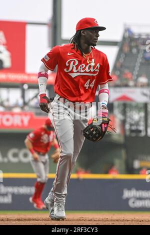 MILWAUKEE, WI - JULY 25: Cincinnati Reds Infielder Elly De La Cruz (44)  gets into position during a MLB game between the Milwaukee Brewers and  Cincinnati Reds on July 25, 2023, at