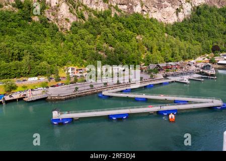 Seawalk 3 segment articulated floating pier built in 2013 being moved away from departing cruise ship Geiranger Norway Europe Stock Photo