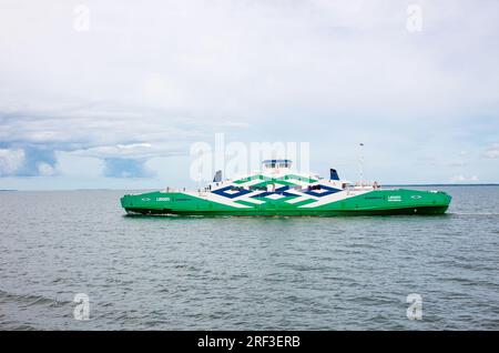 Heltermaa, Hiiu County, Estonia. 27JUL2023.  Green Ferry called Leiger on Baltic sea, transportation between Rohuküla harbor and island of Hiiumaa. Stock Photo