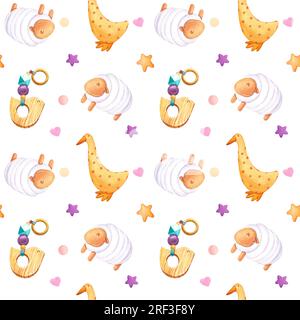 Eco toy lamb, goose, wood bird rattle and stars pattern watercolor. Design for logo, baby textile, nursery decor, children decoration, kids room Stock Photo