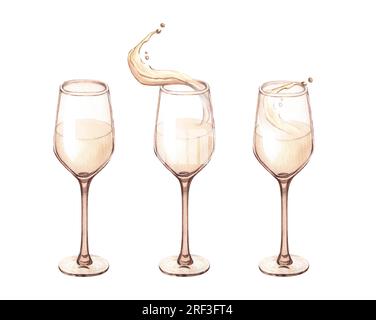 Watercolor glasses of champagne in toasting. Hand drawn picture of an alcoholic drink illustration isolated on white background.Concept for wine list Stock Photo