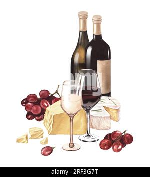 Watercolor illustration of the two wineglass of red wine bottle, grape and parmesan cheese. Picture drink isolated on the white background. Concept Stock Photo