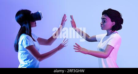 Woman in VR headset interacting with 3D avatar, purple background Stock Photo