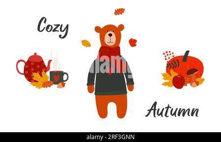 Autumn cute and cozy color isolated elements with hot tea, mushrooms, pumpkin, acorn, bear and autumn leaves. Vector flat illustration Stock Vector