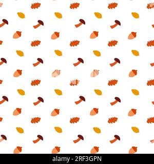 Seamless autumn pattern with mushrooms, acorn and oak leaves on white background. Vector flat illustration for design, print, textile, fabric Stock Vector