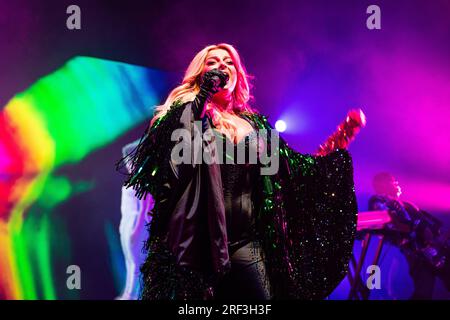 London, UK - July 28th, 2023: Bebe Rexha performing live at O2 Shepherd's Bush Empire on July 28th, 2023 in London - Best F-N Night Of My Life Tour Stock Photo