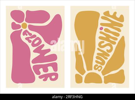 Naive Doodle Curve Aestethic Poster Set with Lettering in Yellow, Pink Color. Groovie Abstract Flower and Sun in Retro Style. Organic Hippie Backgrounds for T-Shirts, Wallpaper, Case Phone. Stock Vector