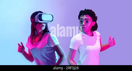 Woman Engaging with 3D Avatar in Metaverse Playing Game, Collage Stock Photo