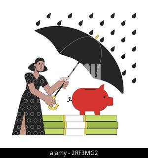 Busy woman protect savings from risks flat line concept vector spot illustration Stock Vector