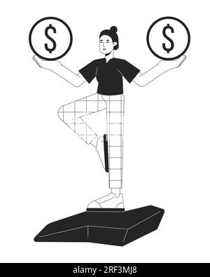 Woman balancing with coins on hands flat line black white vector character Stock Vector