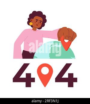 Woman selecting place on globe error 404 flash message. Stock Vector