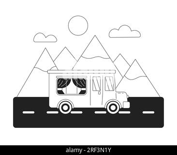 Comfortable bus riding to the mountains monochrome flat vector object Stock Vector