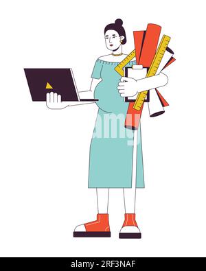 Pregnant architect woman with drawings flat line concept vector spot illustration Stock Vector